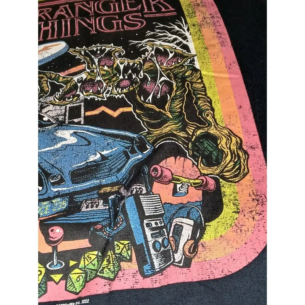 Stranger Things Retro Mens M‎ T-Shirt Crew Black Multicolor Graphic Print Arcade